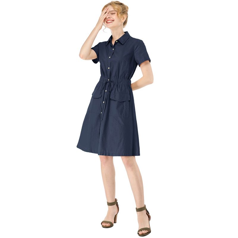 Allegra K Women's Point Collar Front Elastic Waist Drawstring Above Knee Shirt Dress with Pocket, 4 of 8