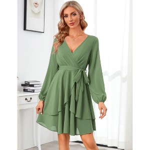 BLUEMING Womens Casual Dress V Neck Wrap Dress Lantern Sleeve Tie Wasit Petal Hem Dress Back Zipper Midi Dress - 1 of 4