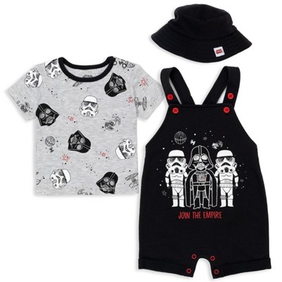 Image of Star Wars Stormtrooper Darth Vader Newborn Baby Boys French Terry Short Overalls Graphic T-Shirt and Hat 3 Piece Outfit Set Black 0-3 Months