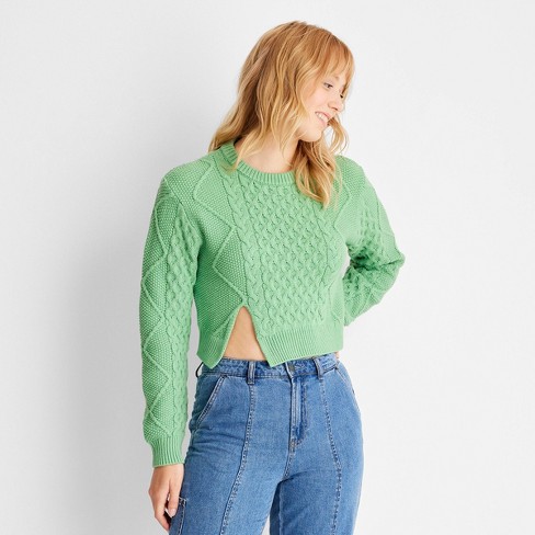 Women's Cropped Cable Knit Crewneck Sweater - Future Collective