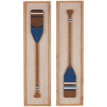 Set of 2 Wood Paddle Wall Decors with Blue Accents and Chevron Patterned Background Brown - Olivia & May