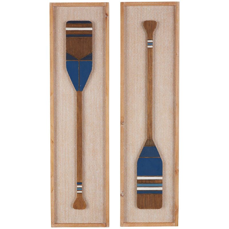 Set of 2 Wood Paddle Wall Decors with Blue Accents and Chevron Patterned Background Brown - Olivia &#38; May, 1 of 12