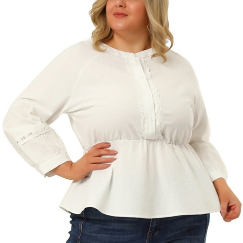 Agnes Orinda Women's Plus Size Work Plain 3/4 Sleeve Elastic Waist Peplum  Tops White 4X