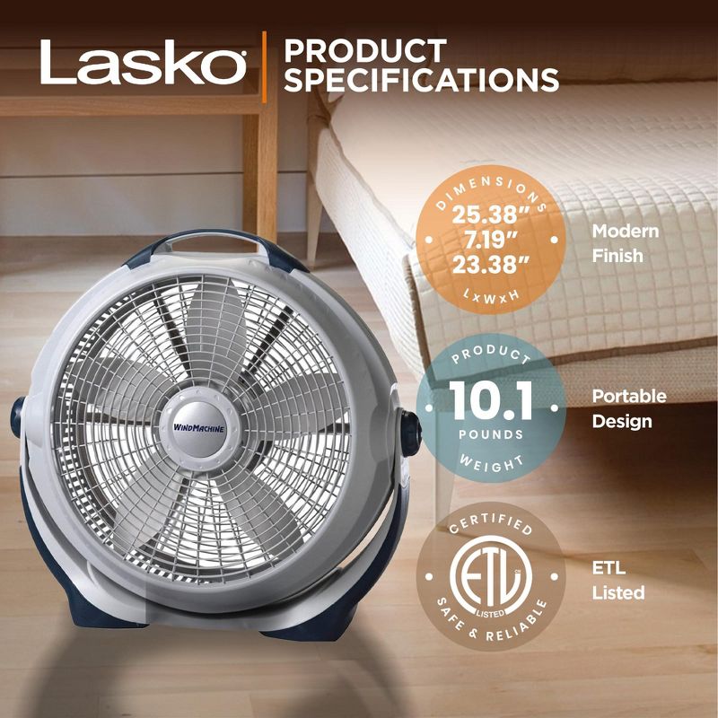 Lasko Wind Machine 3300 20 Inch 3 Speed Cooling Pivoting Head Floor Fan, Gray, 4 of 6