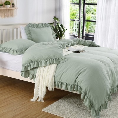 Ruffle Duvet Cover Set, Soft Washed Microfiber Vintage French Country Duvet Cover Set with Button Closure