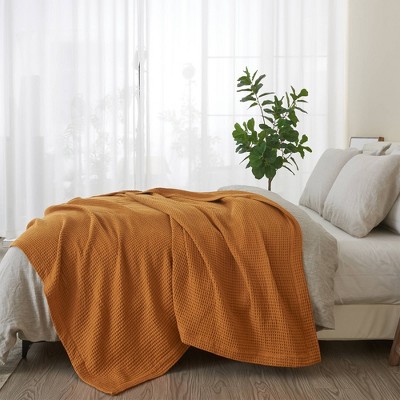 King Size Waffle Weave Cotton Knitted Blanket in Mustard