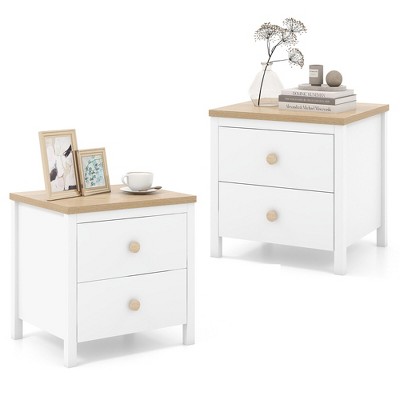 Tangkula 2 PCS Nightstand Farmhouse Side End Table w/ Solid Wood Legs & 2 Drawers