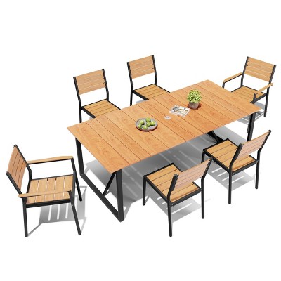 Crestlive Products 7pc Aluminum Patio Dinning Set 82.68in Table and 6 Chairs Plastic Wood Top with Umbrella Hole for Outdoor Pool Lawn
