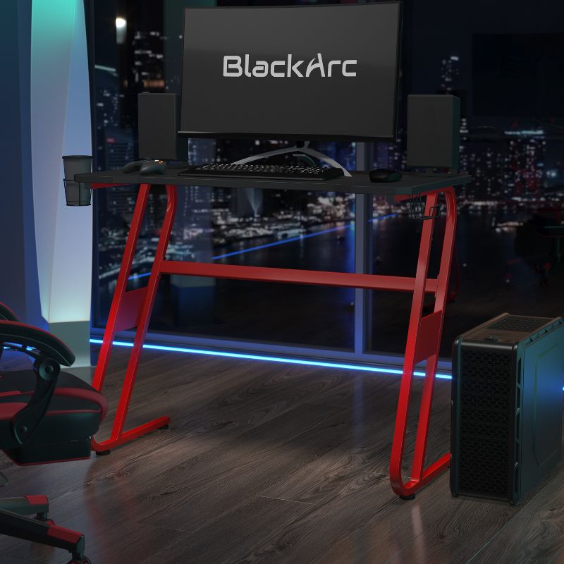 BlackArc Gaming Desk - Laminate Top - "S" Shaped Steel Frame - Detachable Cupholder/Headphone Hook-2 Cable Management Holes, 3 of 11
