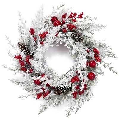 18 Inch Snow Flocked Christmas Wreath, Red & White Xmas Wreath with Red Apples Pine Cones Berries, Front Door Indoor Outdoor Winter Decor