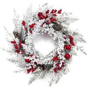 18 Inch Snow Flocked Christmas Wreath, Red & White Xmas Wreath with Red Apples Pine Cones Berries, Front Door Indoor Outdoor Winter Decor - 1 of 4