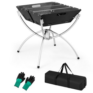 Tangkula Camping Fire Pit w/Cooking Grills Portable Campfire Grill w/ Carrying Bag & Gloves 3-In-1 Stainless Steel Wood Burning Coffee/Silver - 1 of 4