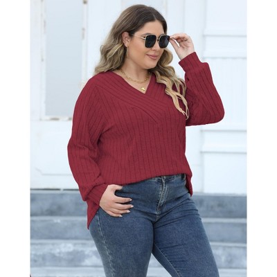 Women Plus Size Casual V Neck Tops Shirts Lantern Long Sleeve T Shirts Fall Tunic Blouse