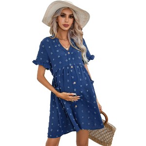 Maternity Swiss Dot Dress Summer V Neck Short Sleeve Button Down Mini Dress Baby Shower Photoshoot with Pockets - 1 of 4