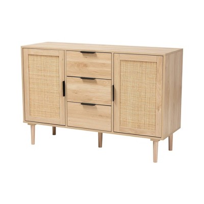 Harrison Natural Wood and Rattan 3-Drawer Buffet Sideboard