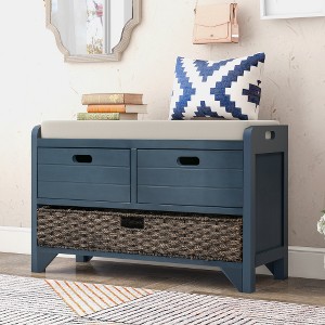 Lyngins Rustic Storage Bench with 2 Drawers & Removable Basket, Entryway Bench with Removable Cushion, Ottoman with Storage, Acacia Wood Foot Stool - 1 of 4