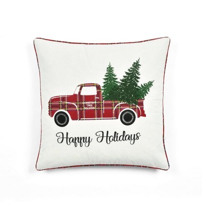 20"x20" Oversize Holiday Truck Plaid Embroidered Family-Friendly Square Pillow Cover Red - Lush Décor