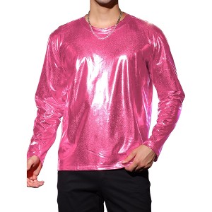 INSPIRE CHIC Men's Round Neck Long Sleeves Shining Disco Metallic T-Shirt - 1 of 4