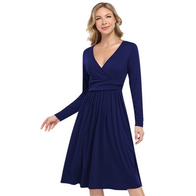 V Neck Casual Dress Long Sleeve Empire Waist Wrap Midi Party Dresses with Pocket