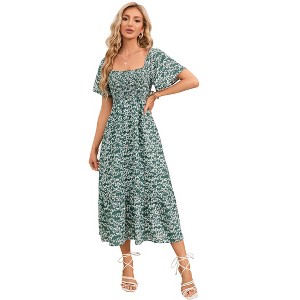 Coolmee Women's Summer Maxi Dress Boho Flowy Flutter Sleeve Square Neck Floral Smocked Wedding Guest Long Dresses - 1 of 4