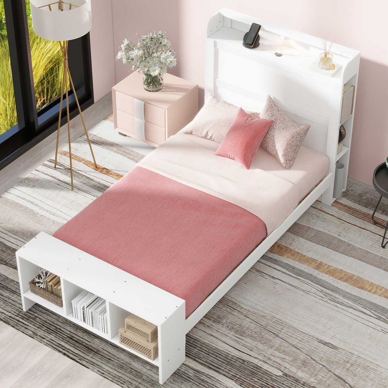 Twin/Full Size Platform Bed with Built-in Shelves, LED Light and USB Ports, White/Gray, 4A -ModernLuxe, 3 of 13