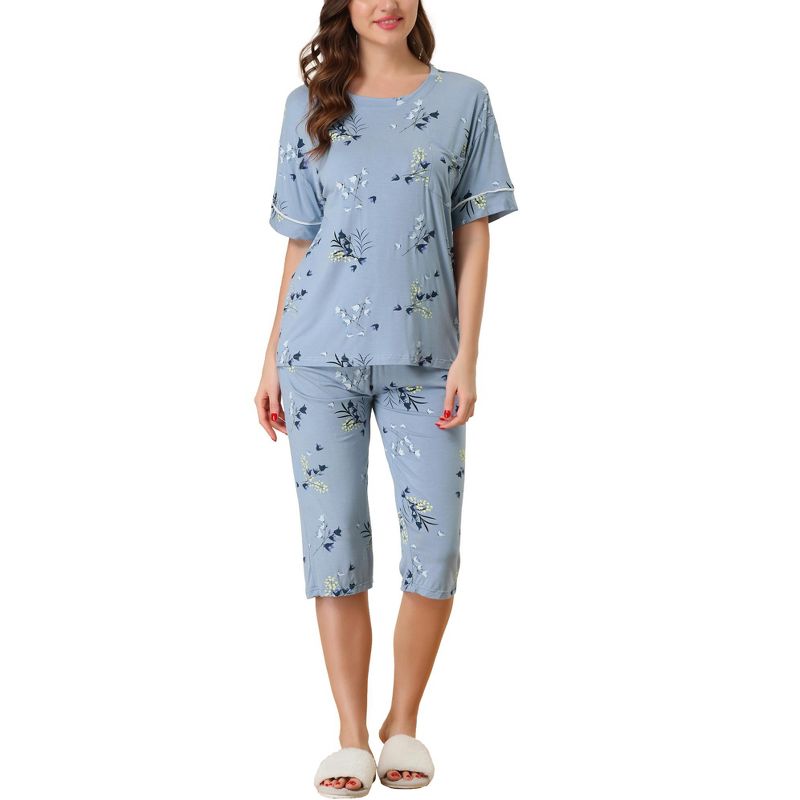 cheibear Womens Capri and Short Sleeve Shirt Floral Lounge Set Nightwear Soft Sleepwear Pajama Sets, 1 of 6