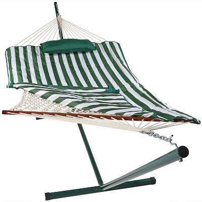 Sunnydaze Cotton Rope Hammock with Steel Stand and Pad and Pillow Set - 12' Stand - Green and White Stripe