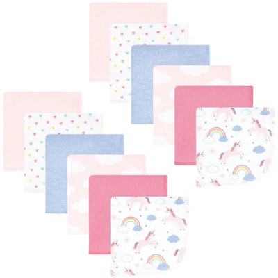 Image of Hudson Baby Infant Girl Flannel Cotton Washcloths, Unicorns Rainbows 12 Pack, One Size