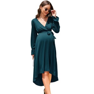 WhizMax Women Maternity Dress Wrap V Neck Dress Long Lantern Sleeve  A-Line High Waist Flowy Dress with Belt - 1 of 4