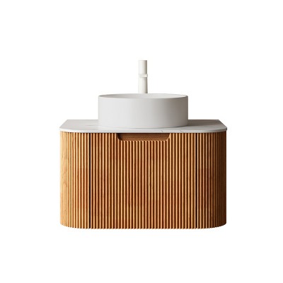 Fortune Candy Wall-Mounted Bathroom Vanity with Sink, Curved Striped Drawer Cabinet, White Round Ceramic Basin, Pre-Assembled, No Faucet