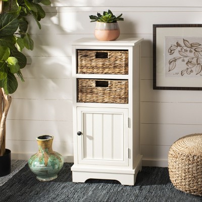 Distressed White Pine Accent Cabinet with Wicker Baskets