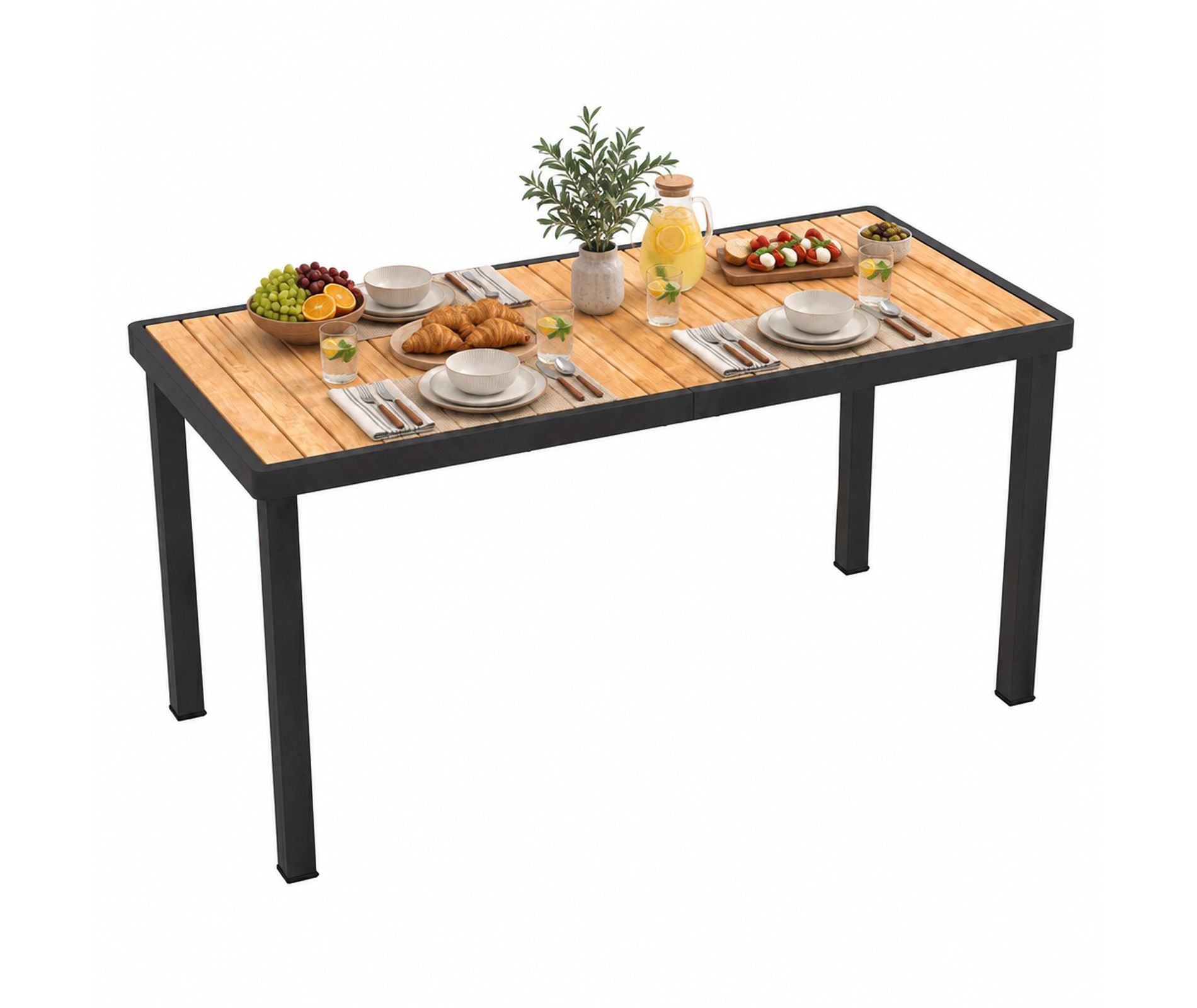 Acacia Wood Rectangle Patio Dining Table with Umbrella Hole for 6 People and Metal Frame