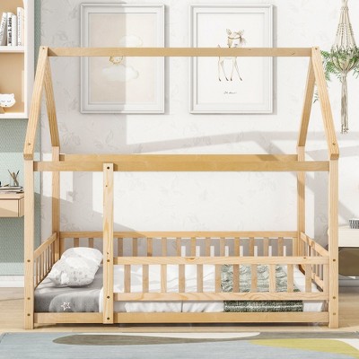 NicBex Full Size Kids Montessori Bed with Wood Roof Frame,Floor Bed with Fence Design,Toddler bed for Bedroom Playroom,Brown