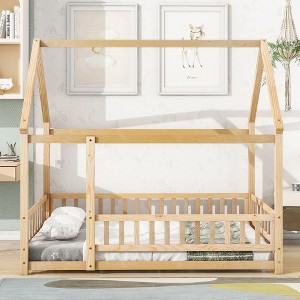 CAVINAS Full Size Bed Frame with House-Style Roof & Fences,Modern Floor Bed for Kids Room,Bedroom - 1 of 4