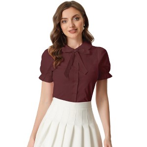 INSPIRE CHIC Women's Vintage Bow Tie Solid Peter Pan Collar Office Button Up Shirt - 1 of 4