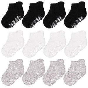 Cozyway Non-Slip Ankle Style Socks with Grippers, 12 Pack for Baby Boys and Girls, Black White and Gray, 3-5 Years, Unisex - 1 of 4