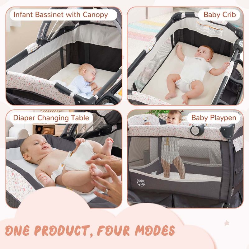 Babyjoy Pack & Play Baby Diaper Changing Table 4 in 1 Portable Foldable with Mattress Carrying Bag Black/Grey/Black+Pink, 4 of 9