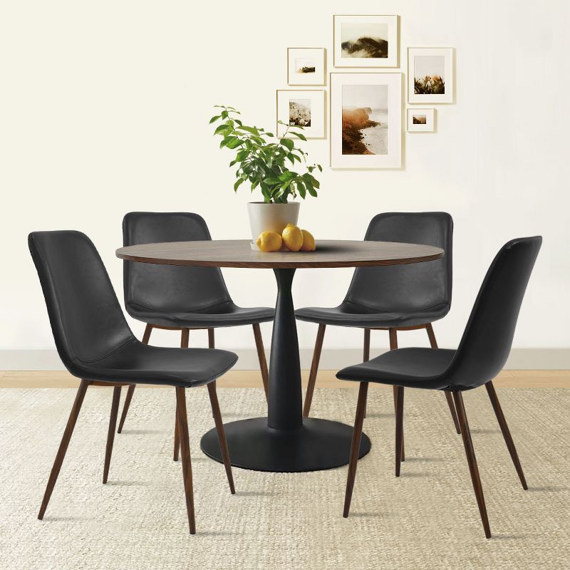 Harold+Bingo Modern 5 Piece Black Round Dining Table Set with Black Faux Leather Dining Chairs Set of 4 with Walnut Finish Legs-Maison Boucle, 1 of 8