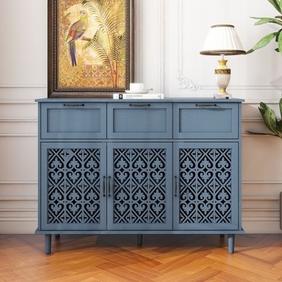 Arina Hollow-Carved Cabinet,Distressed Wooden Cabinet With 3 Doors And 3 Drawer-The Pop Home