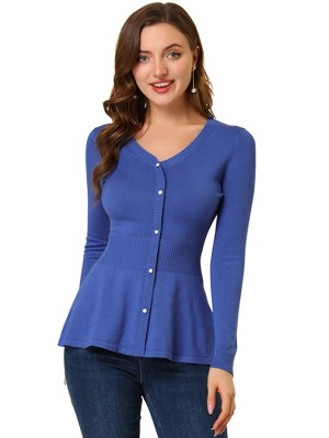 Allegra K Women's Slim Fit V-Neck Long Sleeve Ribbed Pullover Knitted Peplum Sweater