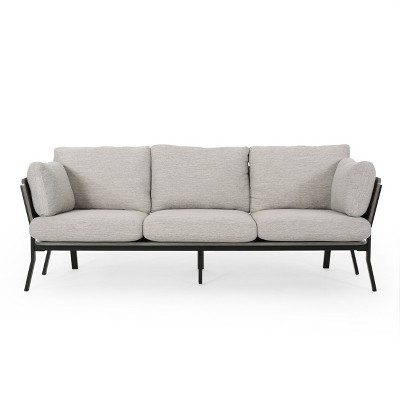 Christopher Knight Home Carvel Faux Wood and Iron 3 Seater Sofa with Pillow Cushions, Gray/ Black