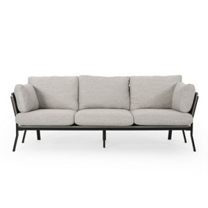 Christopher Knight Home Carvel Faux Wood and Iron 3 Seater Sofa with Pillow Cushions, Gray/ Black - 1 of 4