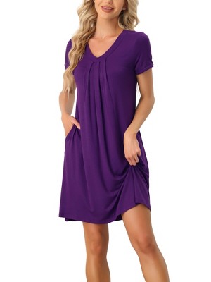 cheibear Women's Soft V-Neck Summer Pajama Lounge Dress with Pockets Nightgowns