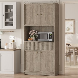 Tall Pantry Cabinet with Microwave Shelf & Drawer, 70" Kitchen Hutch Storage Cabinet with Doors, Fluted Freestanding Cupboard, for Dining Room - 1 of 4