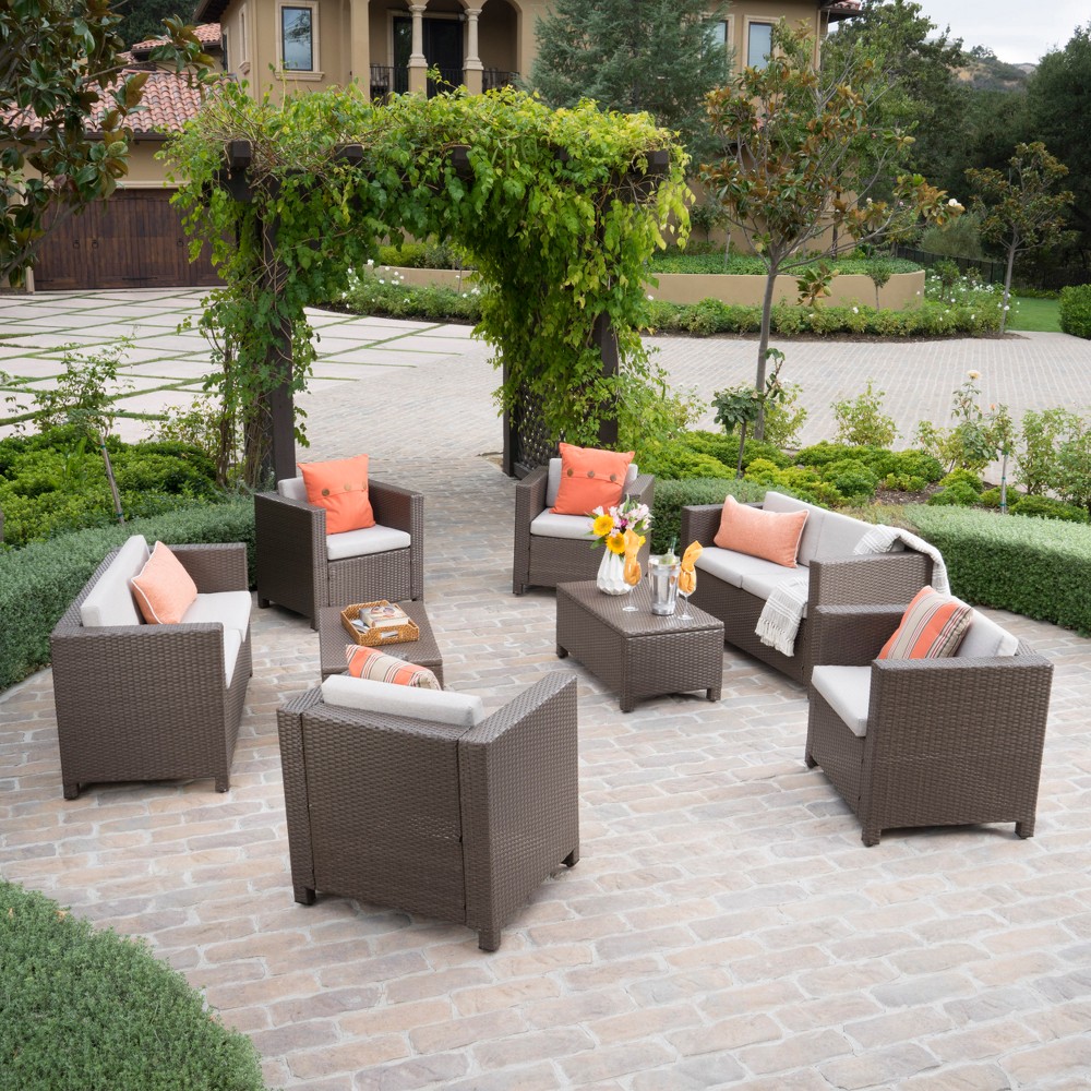 Photos - Garden Furniture Puerta 8pc Wicker Chat Set - Brown/Ceramic Gray - Christopher Knight Home