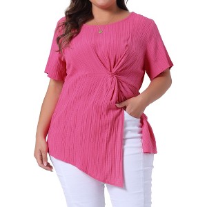 Agnes Orinda Women's Plus Size Asymmetrical Hem Short Sleeve Twist Knot T-Shirt - 1 of 4