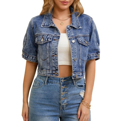 INSPIRE CHIC Women's Short Sleeve Button Up Frayed Washed Denim Jacket Blue X-Large