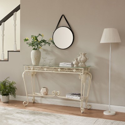NicBex Narrow Console Table with Glass Tabletop and Metal,Entryway Table with Storage Space,Modern Couch Table for Living Room,White