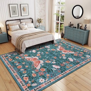 Washable Farmhouse Rug Non-Slip Floral Butterfly Bedroom Carpet - 1 of 4