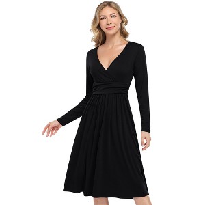 Coolmee Womens Spring Fall Midi Dress Long Sleeve Casual V Neck Pleated A Line Flowy Dress - 1 of 4